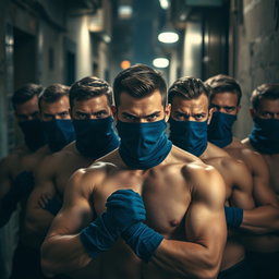 Un grupo de ladrones, hombres fuertes con ojos azules intensos, todos sin camiseta, reflejando una actitud desafiante y decidida