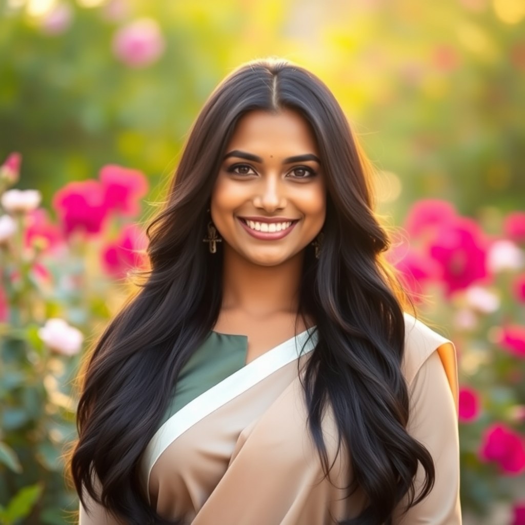 A captivating portrait of Athira Krishna, featuring her with long, flowing black hair and a radiant smile