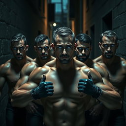 Un grupo de ladrones, hombres musculosos con intensos ojos azules, todos sin camiseta, reflejando una imponente presencia