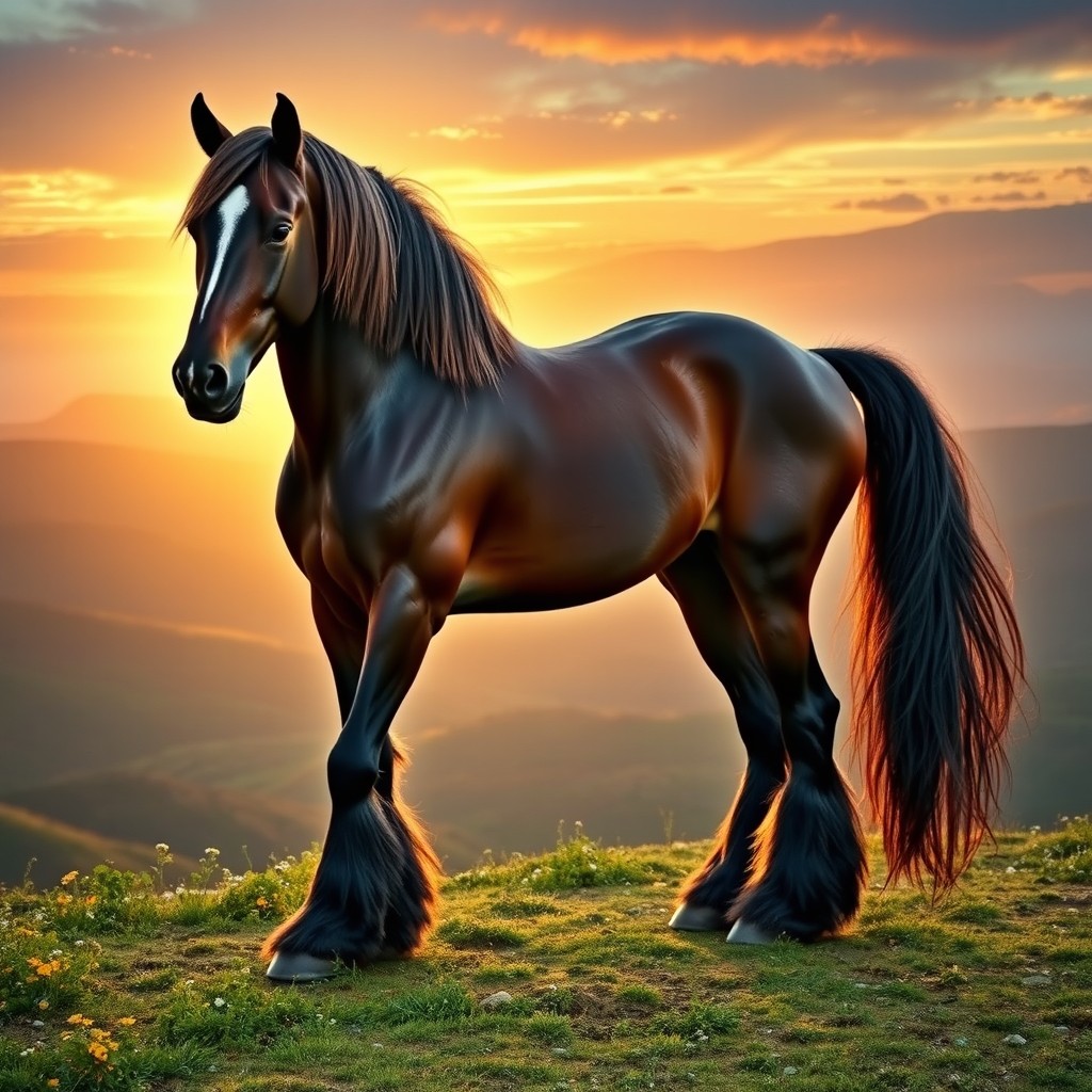 A majestic horse that is a striking blend of Shire and Andalusian breeds, showcasing the powerful build and feathered legs typical of the Shire, paired with the elegant arching neck and flowing mane of the Andalusian