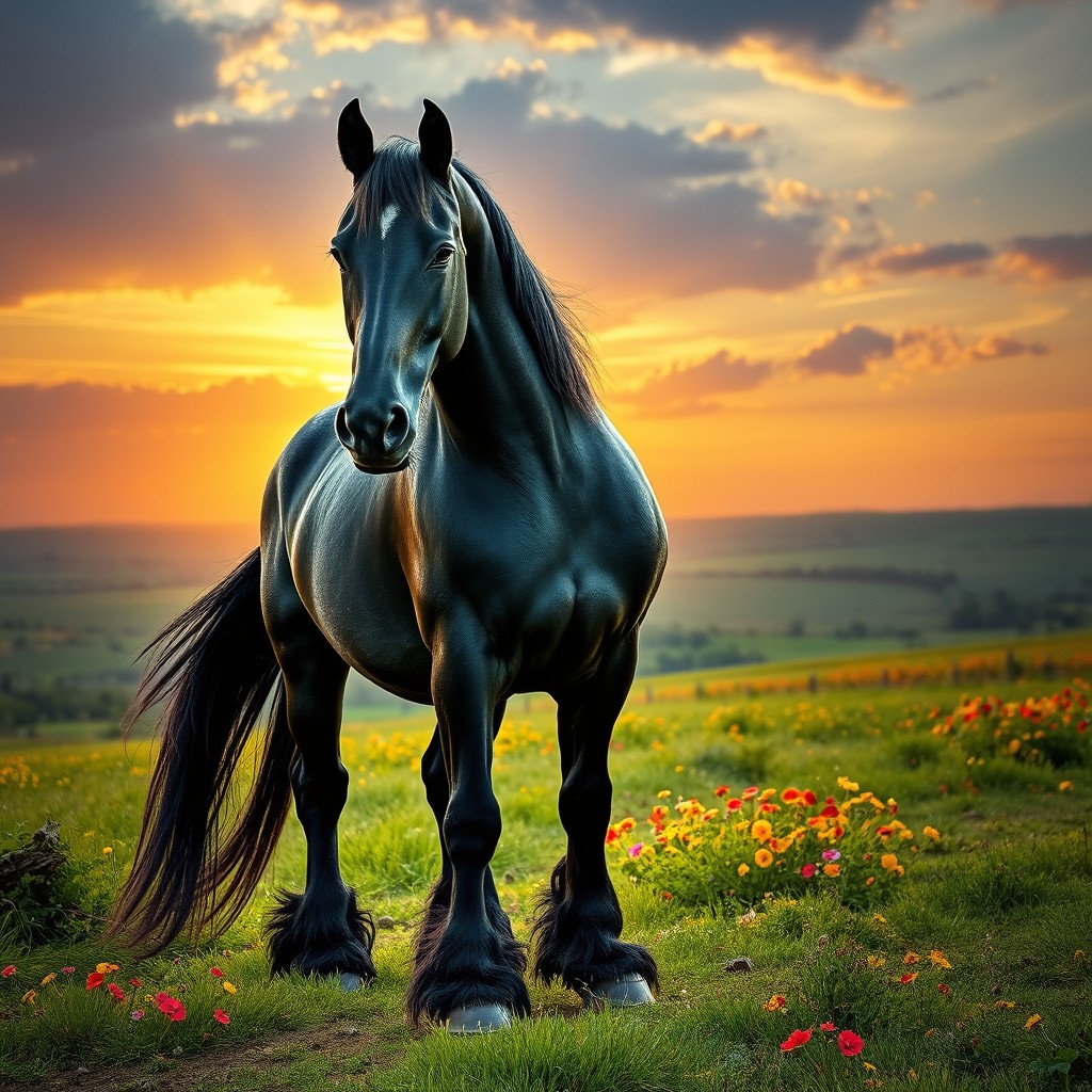 A striking black horse that is a beautiful blend of Shire and Andalusian breeds, showcasing the powerful build and feathered legs typical of the Shire, along with the elegant arching neck and flowing mane of the Andalusian