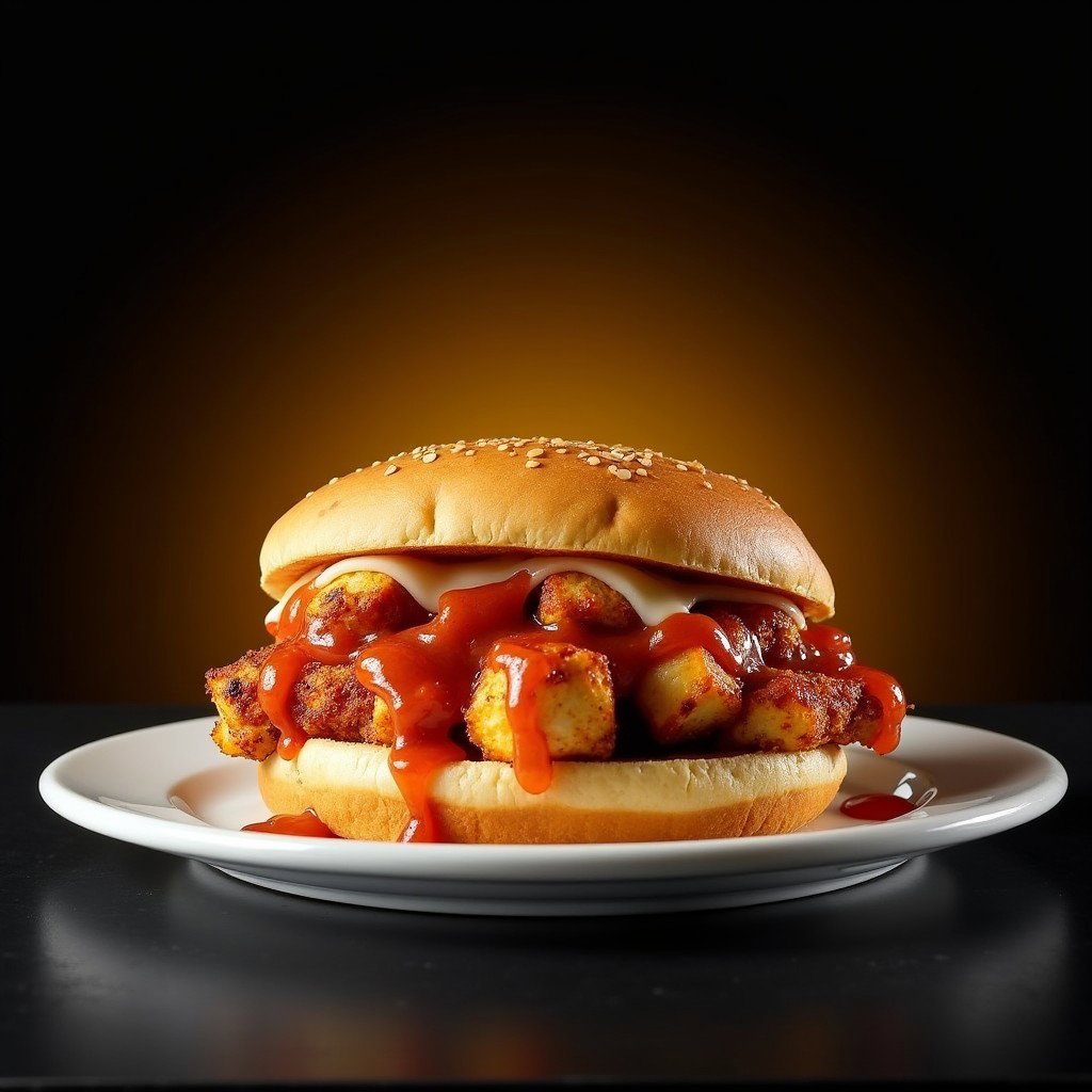 A mouthwatering presentation of a PileBoy Sandwich featuring grilled marinated chicken cubes generously topped with a special Mash Bash sauce and melted mozzarella cheese
