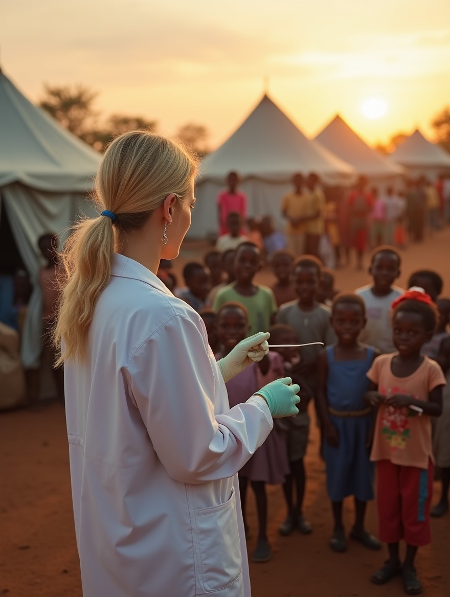 A blonde woman seen from the back wearing a medical coat, in a makeshift field hospital setting in Africa, working dedicatedly to assist children