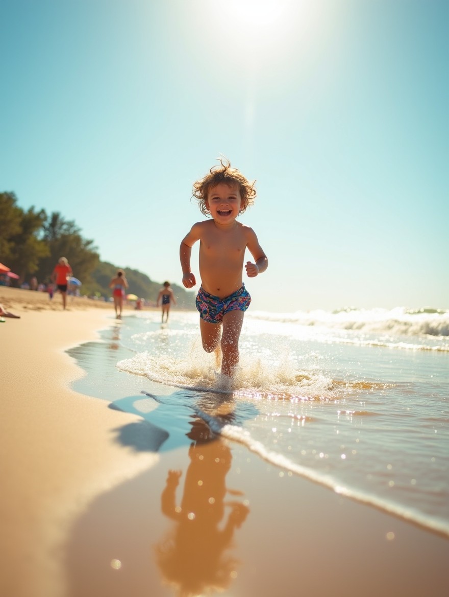 A joyful scene of a small boy running along the beach, laughing as he splashes through shallow water