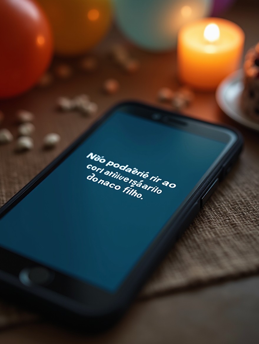 A smartphone screen displaying a message that reads: 'Não poderei ir ao aniversário do nosso filho