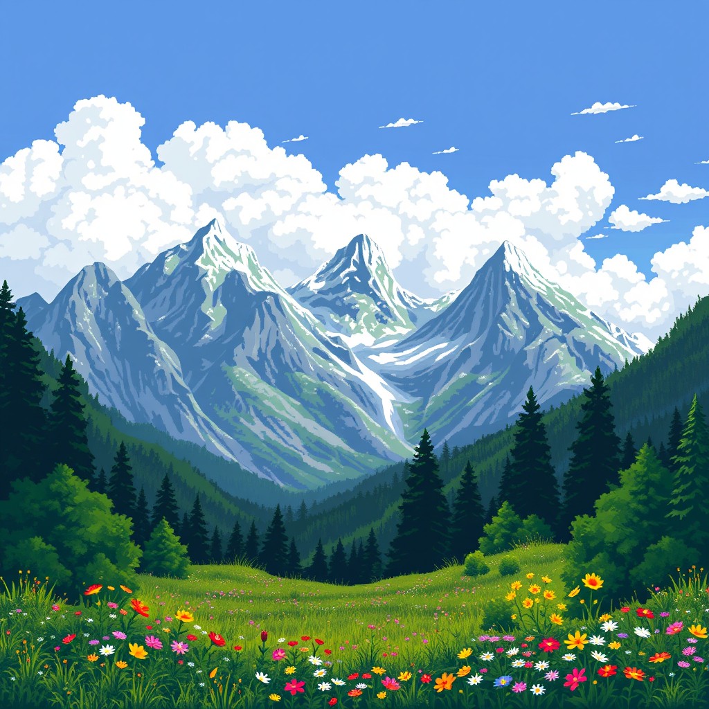 A pixel art scene featuring a stunning mountain view with a cloudy sky overhead
