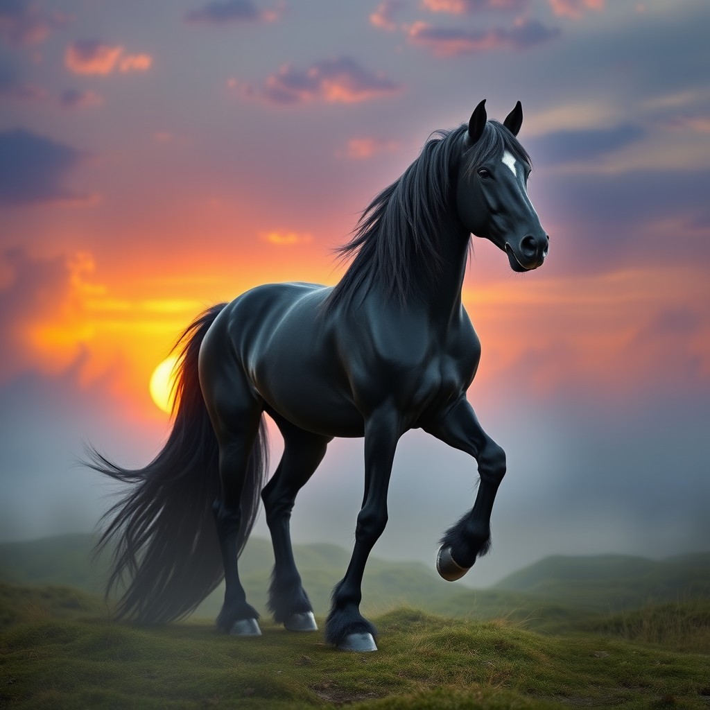 A fantastical black horse that is a captivating blend of Shire and Andalusian breeds, featuring four powerful legs reminiscent of Sleipnir, the mythical eight-legged horse