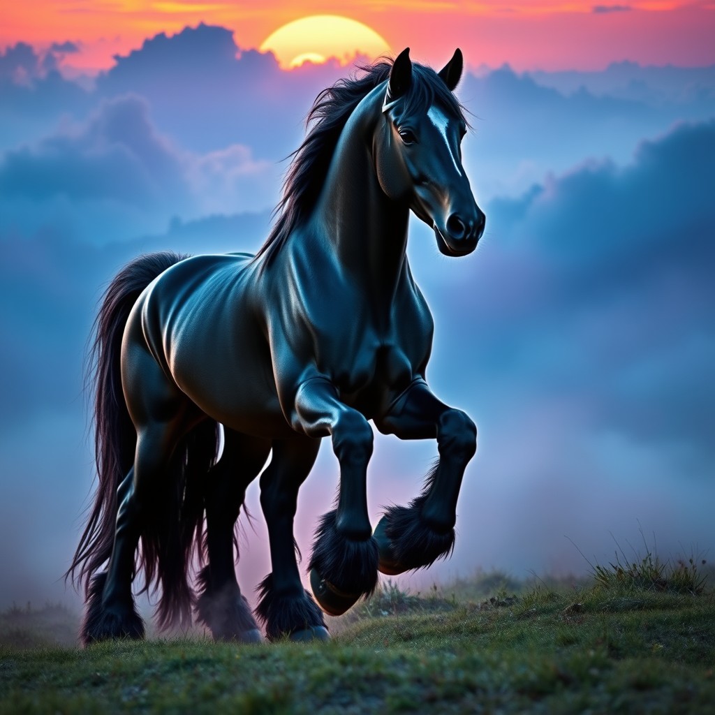 A fantastical black horse that is a mesmerizing blend of Shire and Andalusian breeds, featuring eight powerful legs reminiscent of Sleipnir, the mythical eight-legged horse from Norse mythology