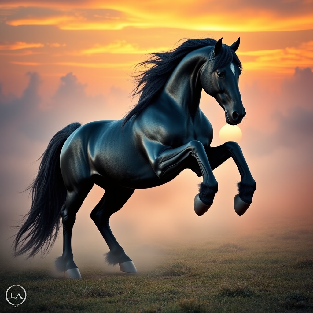 A stunning black horse that is an imaginative fusion of Shire and Andalusian breeds, featuring a majestic eight-legged design inspired by Sleipnir, Odin's mythical horse