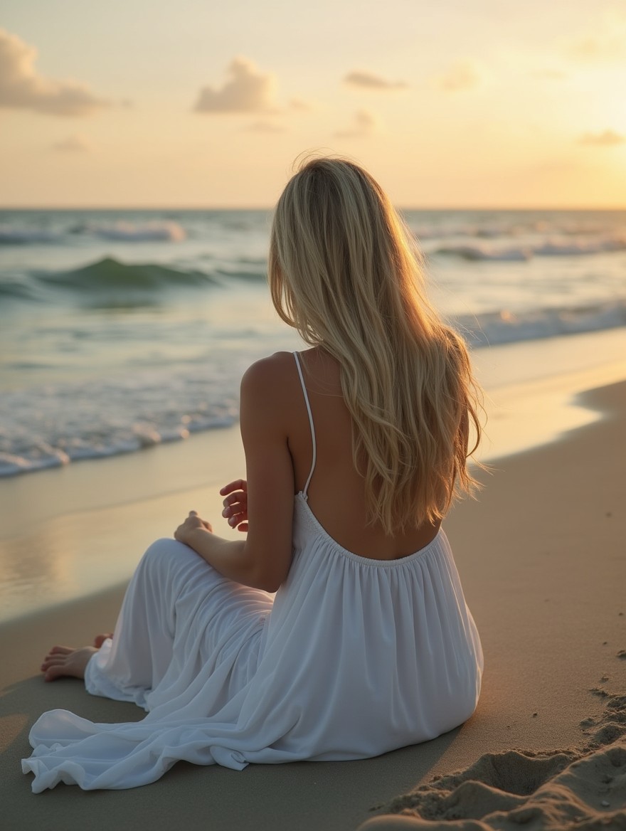 A poignant scene of a blonde woman in a knee-length white dress, sitting on the sand with her back turned towards the viewer