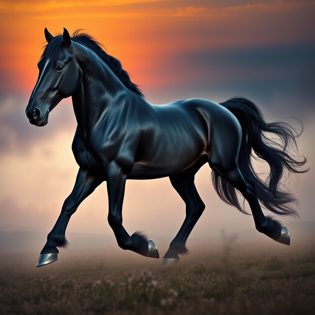 A striking black horse that combines the robust features of a Shire breed with the elegant traits of an Andalusian, possessing eight powerful legs similar to Sleipnir, Odin's mythical steed