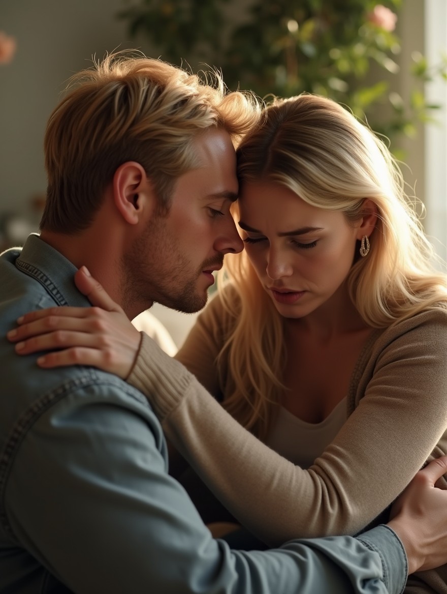 An emotional scene depicting a blonde man and a blonde woman engaged in an intense conversation, both visibly crying