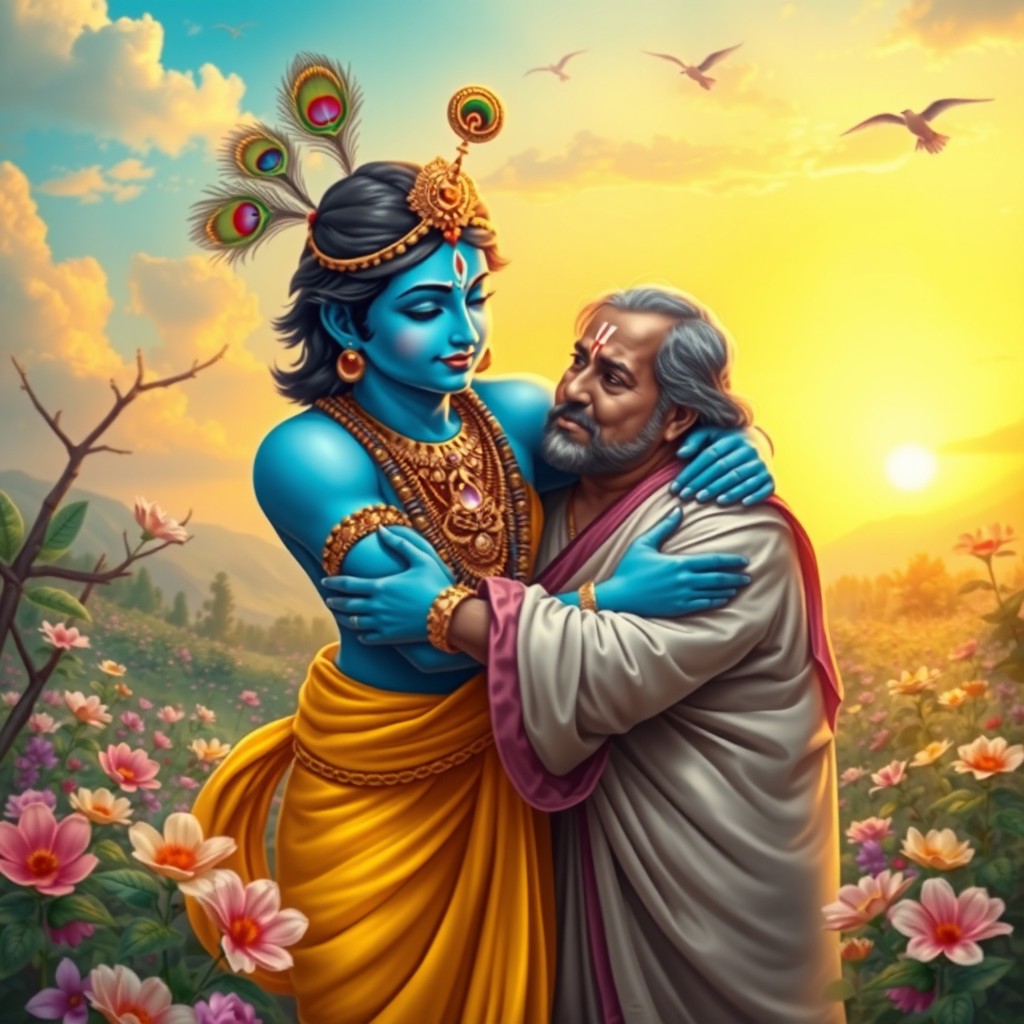 A serene and heartfelt scene of Lord Krishna embracing a devoted follower in a lush, vibrant landscape adorned with blooming flowers and trees