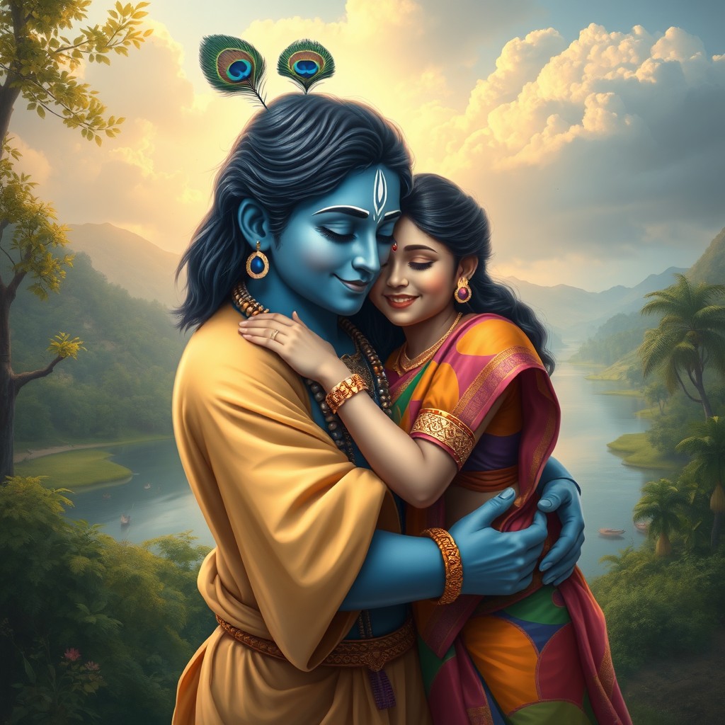 A heartwarming scene of Lord Krishna gently hugging a young female devotee, showcasing a deep connection