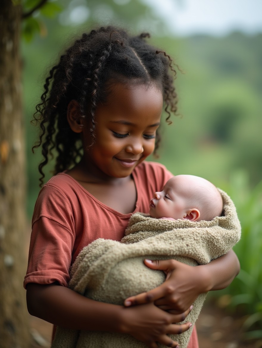 A touching scene set in the Congo, depicting a 6-year-old Black girl gently holding an 6-month-old baby with albinism wrapped in a worn blanket