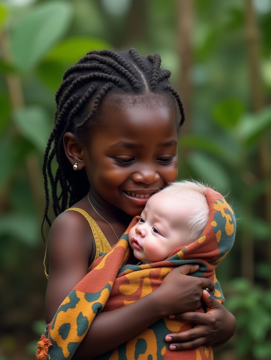 A heartwarming scene set in the Congo depicting a 5-year-old black girl lovingly holding a 6-month-old baby who has very fair skin, characteristic of albinism, with white hair and eyelashes