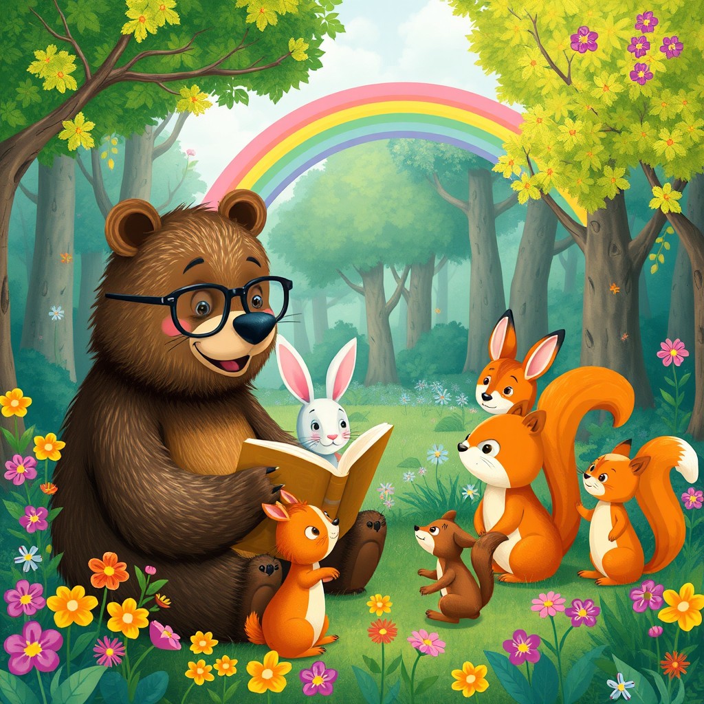 A magical forest where animals talk and play together, featuring a friendly bear wearing glasses reading a book to a group of curious young animals including a rabbit, a fox, and a squirrel