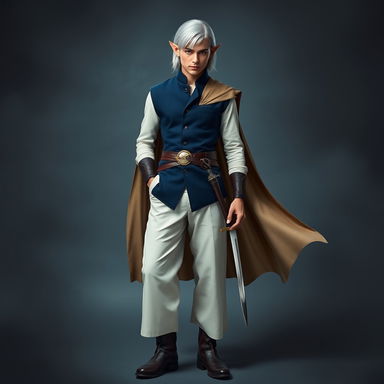 A full-length image of a young, elegant, and very handsome elf man with striking silver hair and enchanting yellow eyes