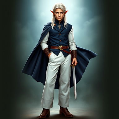 A full-length image of a young, elegant, and very handsome elf man with striking silver hair and enchanting yellow eyes
