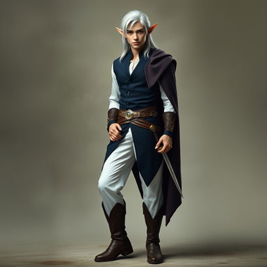 A full-length image of a young, elegant, and very handsome elf man with striking silver hair and enchanting yellow eyes