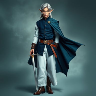 A full-length image of a young, elegant, and very handsome elf man with striking silver hair and enchanting yellow eyes