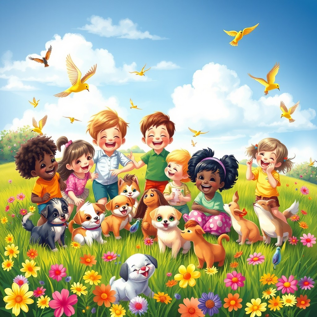 A vibrant, colorful scene depicting a group of happy children playing with a variety of cute animals in a sunny meadow