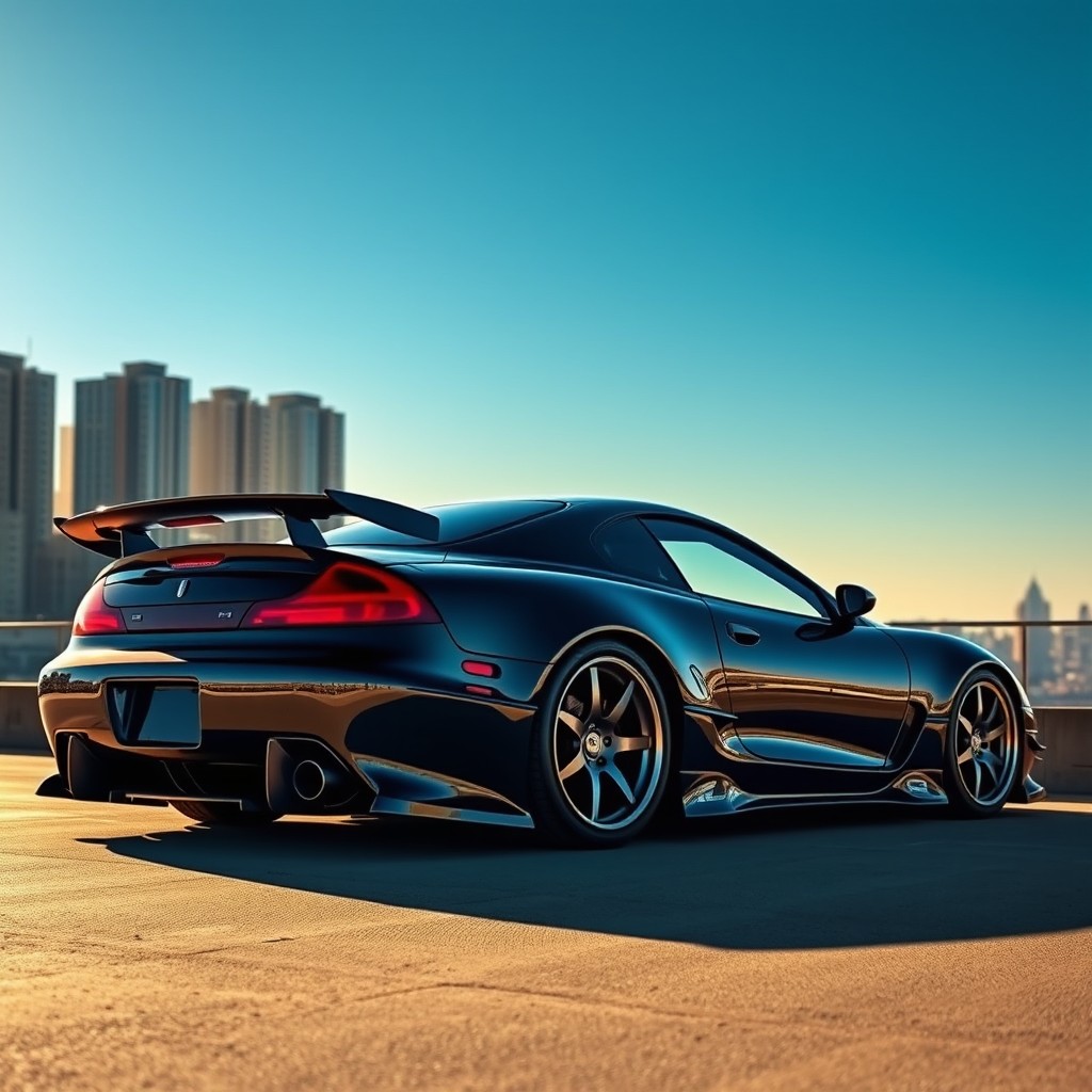 A striking scene featuring a modified 2000 Mercury Mystique sports car, equipped with an aggressive body kit