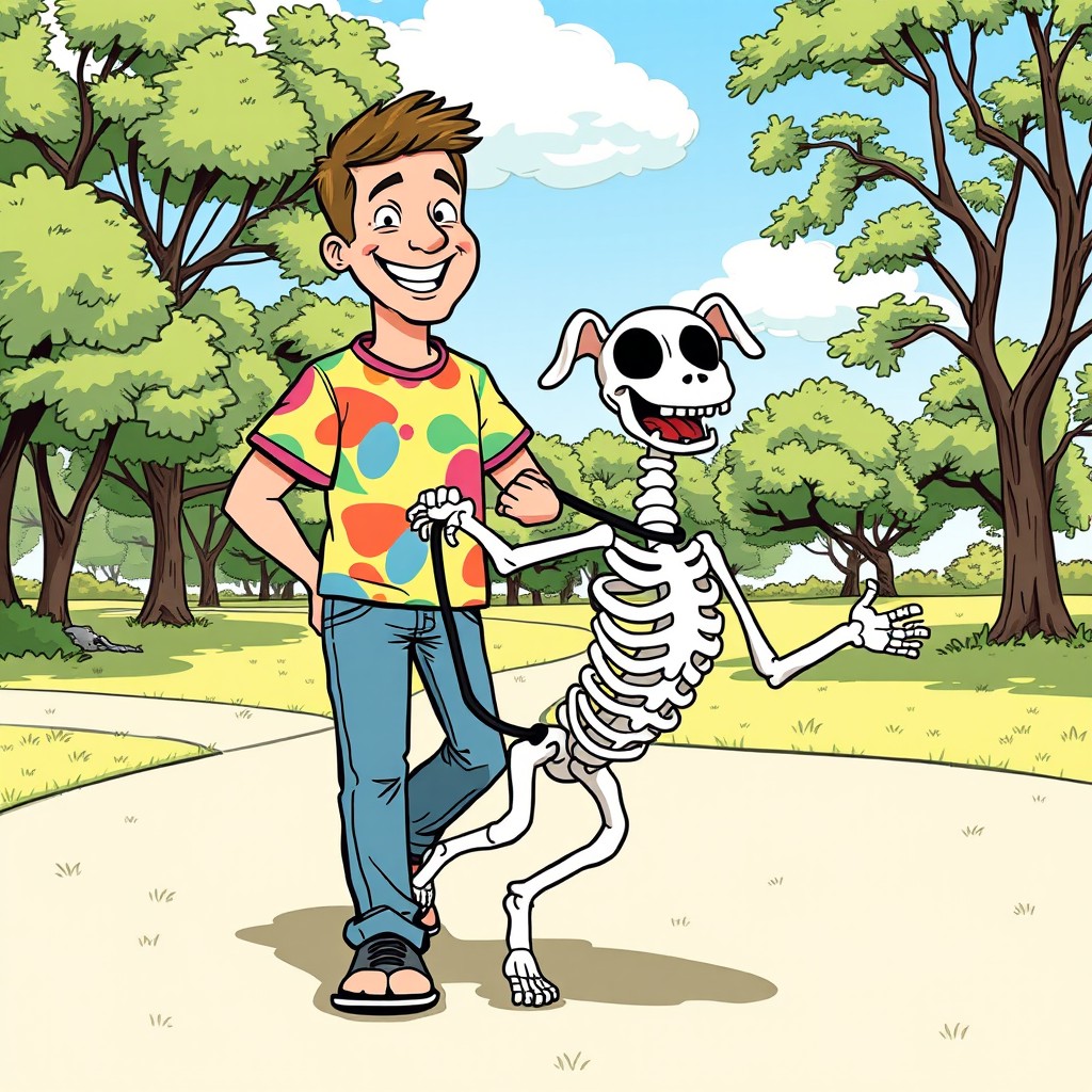 A whimsical comic-style illustration featuring a man walking a cartoonish skeleton dog