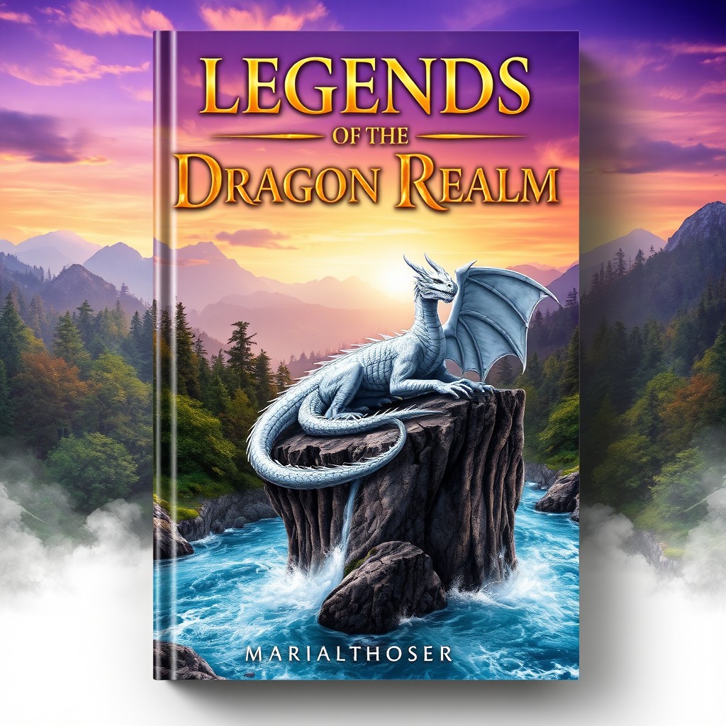 A captivating book cover design featuring an enchanting fantasy landscape, with a mystical forest and a shimmering river flowing through it