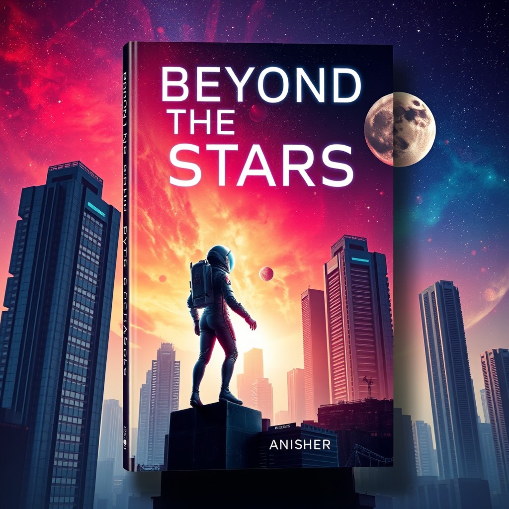 A striking book cover design showcasing a captivating science fiction scene set in a futuristic cityscape
