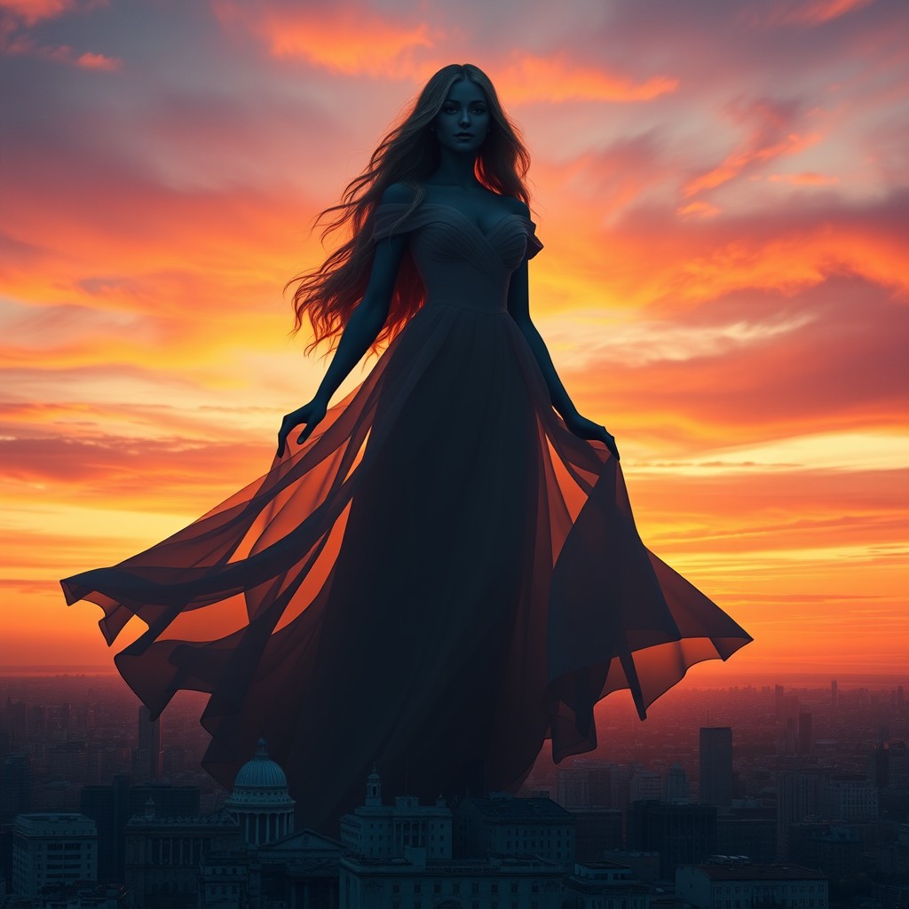 A giantess woman gracefully towering over a bustling cityscape, her majestic figure silhouetted against a vibrant sunset