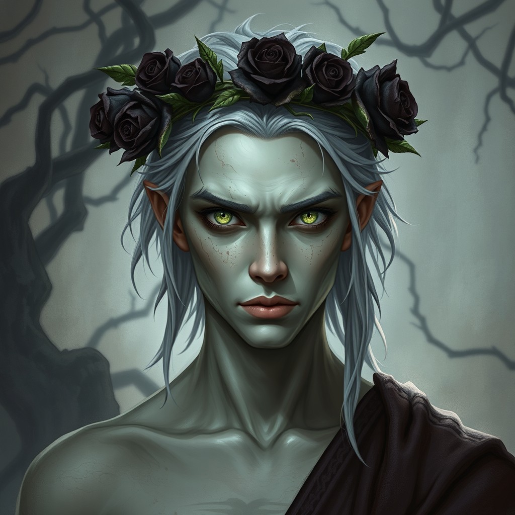 A Male Shadar-kai warlock in a haunted setting, embodying the essence of the Thorned King as his patron