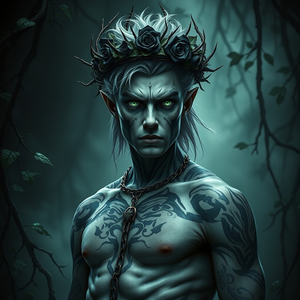 A full body image of a Male Shadar-kai warlock set against a haunted one background, reflecting the dark magic of his patron, The Thorned King