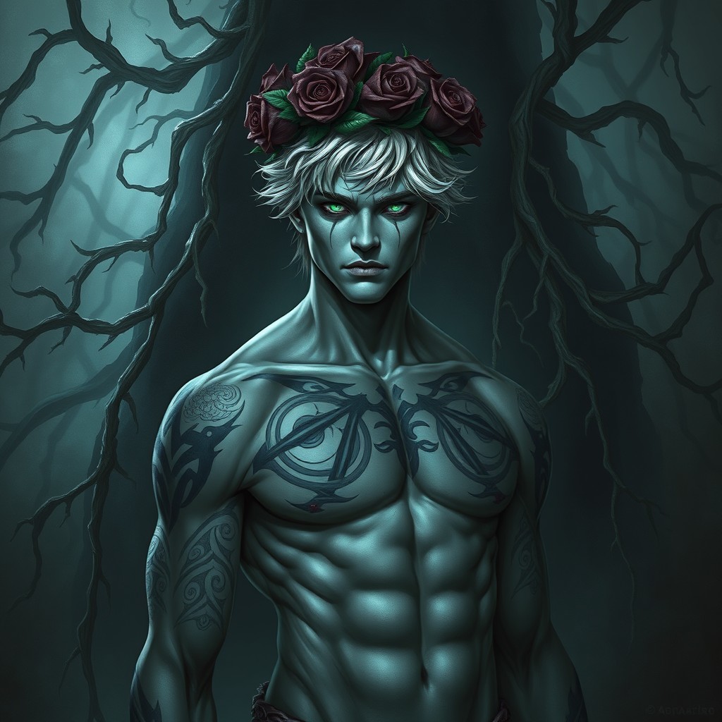 A full body depiction of a physically fit Male Shadar-kai warlock set against a hauntingly atmospheric background