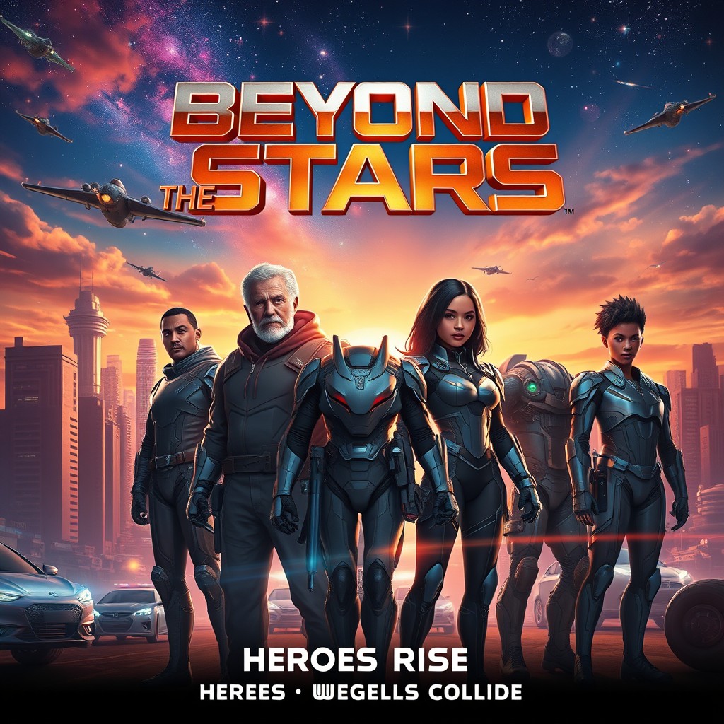 A captivating movie poster featuring a thrilling sci-fi adventure, showcasing a futuristic city skyline with flying cars and a vibrant sunset