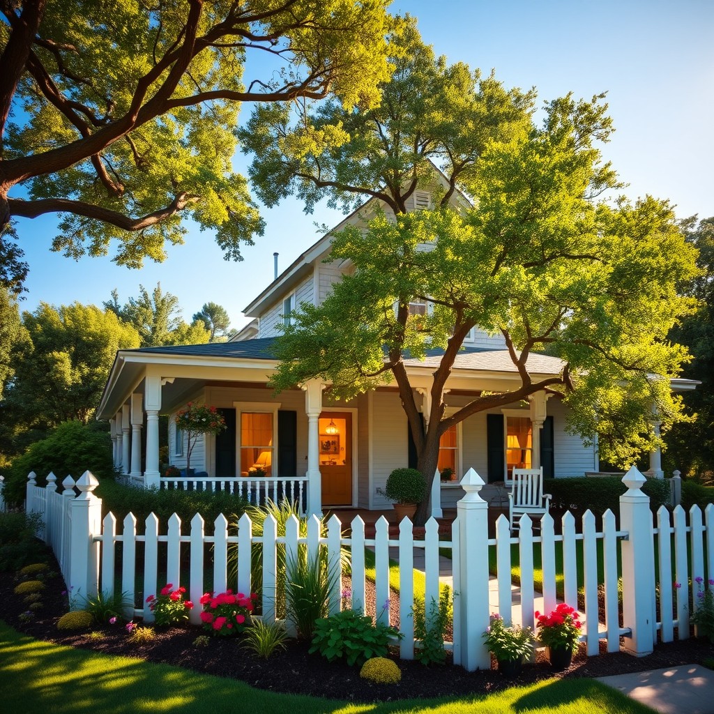 A cozy, idyllic house surrounded by lush greenery, with a classic American architectural style