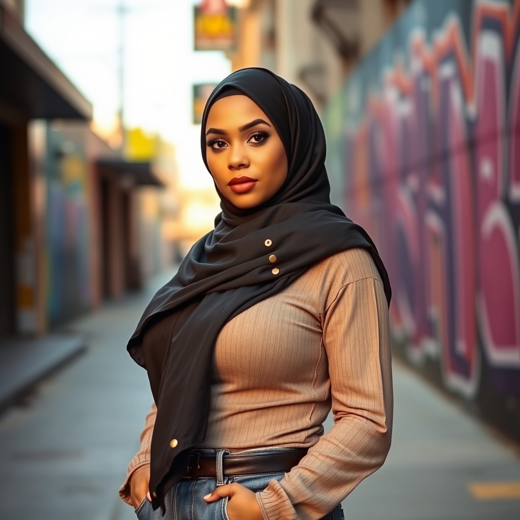 A confident, curvaceous Muslim woman wearing a stylish hijab, showcasing her bold personality and body positivity