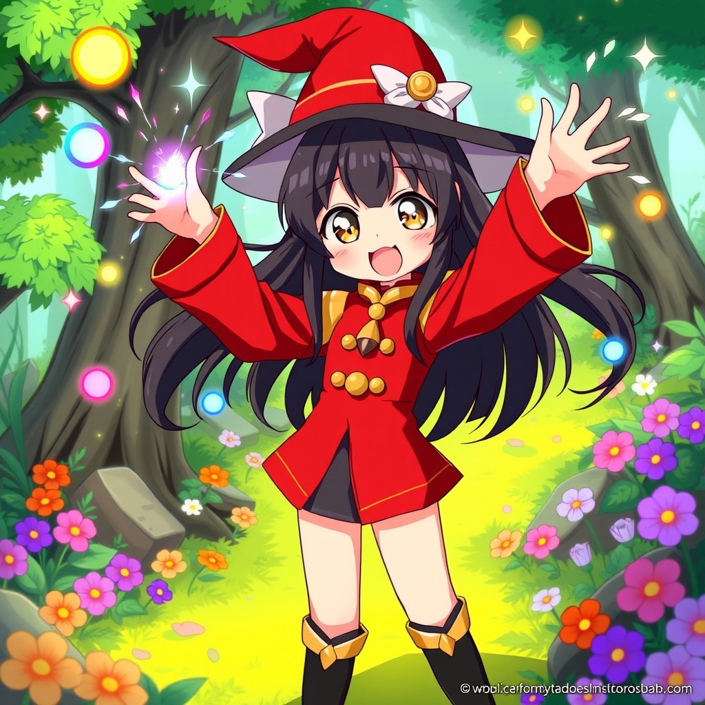 A vibrant and colorful illustration of Megumin from Konosuba, an anime character with striking long black hair and a signature witch's hat