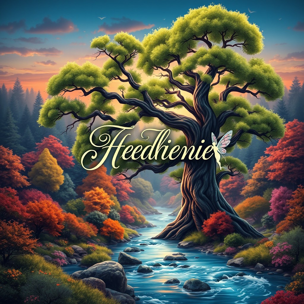 An artistic book cover design featuring a mystical forest landscape filled with vibrant, colorful trees and a serene river flowing through the scene