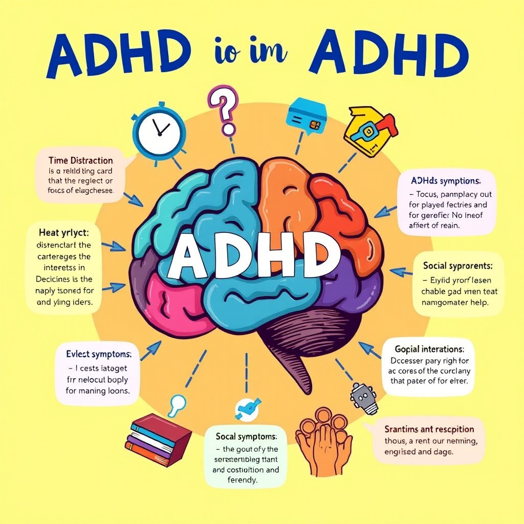A detailed educational illustration highlighting key aspects of ADHD (Attention Deficit Hyperactivity Disorder)