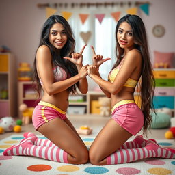 Nineteen-year-old tan Latina Arab model twin sisters, both eighteen, petite with dark long brunette hair, very skinny with small busts and small butts