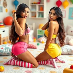 Nineteen-year-old tan Latina elegant model twin sisters, both eighteen, petite Arab models with dark long brunette hair, very skinny with busty figures and small cute round butts