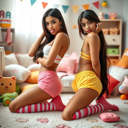 Nineteen-year-old tan Latina elegant model twin sisters, both eighteen, petite Arab models with dark long brunette hair, very skinny with busty figures and small cute round butts