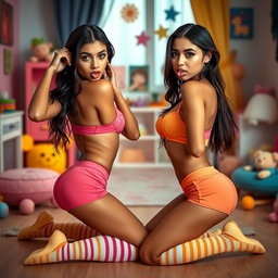 Nineteen-year-old tan Latina elegant model twin sisters, both eighteen, petite Arab models with dark long brunette hair, very skinny with busty figures and small cute round butts