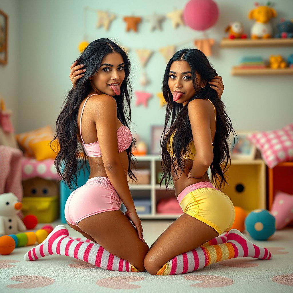 Nineteen-year-old tan Latina elegant model twin sisters, both eighteen, petite Arab models with dark long brunette hair, very skinny with busty figures and small cute round butts