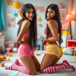 Nineteen-year-old tan Latina elegant model twin sisters, both eighteen, petite Arab models with dark long brunette hair, very skinny with busty figures and small cute round butts