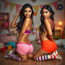 Nineteen-year-old tan Latina elegant model twin sisters, both eighteen, petite Arab models with dark long brunette hair, very skinny with busty figures and small cute round butts