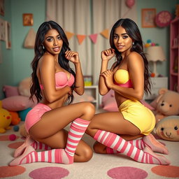 Nineteen-year-old tan Latina Arab elegant model twin sisters, both eighteen, petite Arab models with dark long brunette hair, very skinny with busty figures and small cute round butts