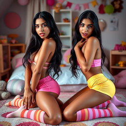Nineteen-year-old tan Latina Arab elegant model twin sisters, both eighteen, petite Arab models with dark long brunette hair, very skinny with busty figures and small cute round butts