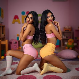 Nineteen-year-old tan Latina Arab elegant model twin sisters, both eighteen, petite Arab models with dark long brunette hair, very skinny with busty figures and small cute round butts
